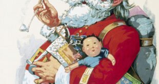 Santa Claus history and origin illustration showing Saint Nicholas and modern Santa character.